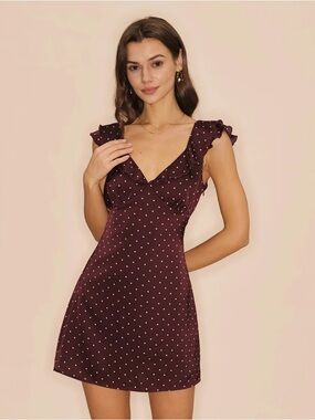 Purple V Neck Polka Dot Satin Mini Dress
